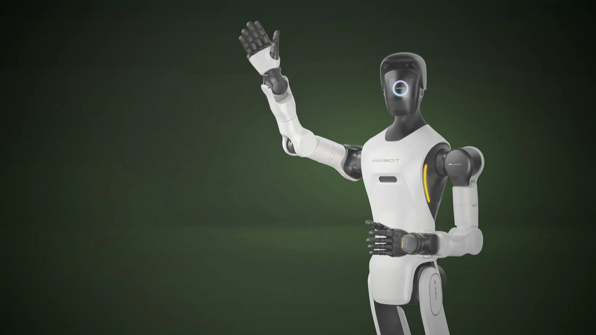Humanoider Roboter der AGIBOT G-Serie in weißer und schwarzer Ausführung, rechts im Bild vor dunkelgrünem Studiogrund, ein Arm zum Gruß erhoben und die Hand geöffnet.